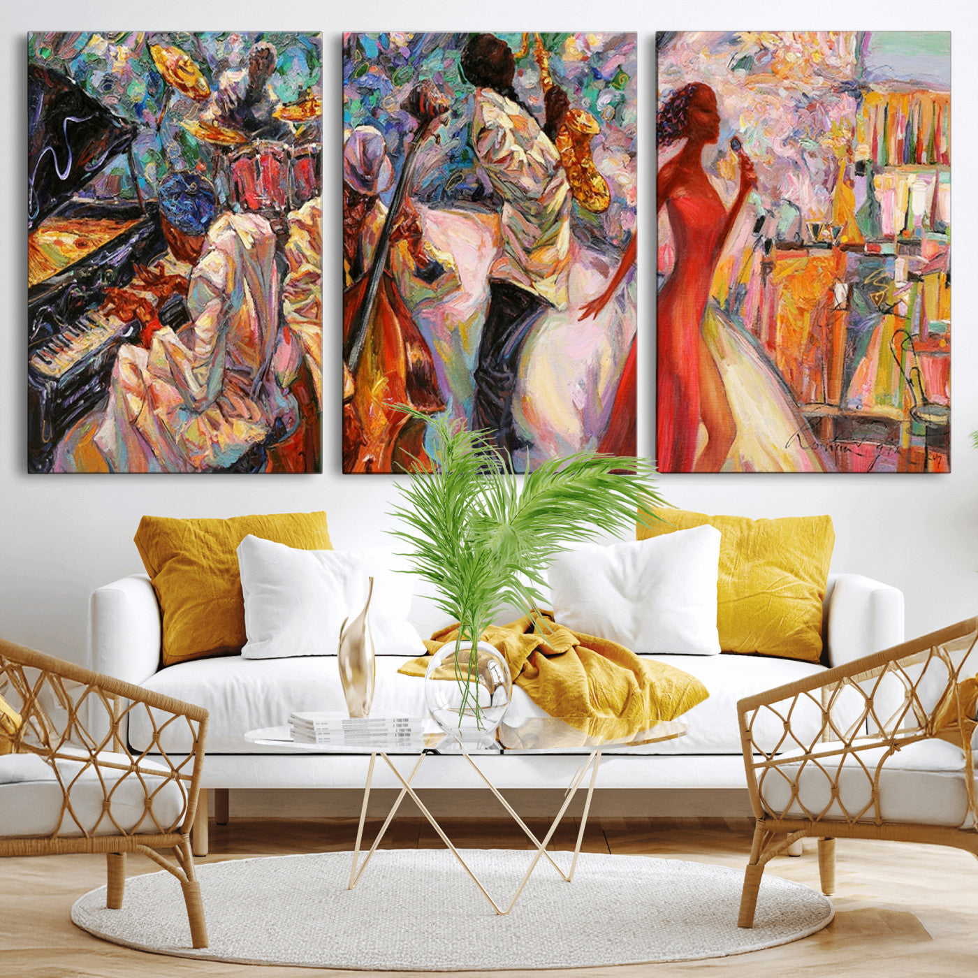 MGV-CV-60X30-3P - Abstract Afro American Jazz Canvas Wall Art | Music-Inspired Painting for Dining Room, Living Room,