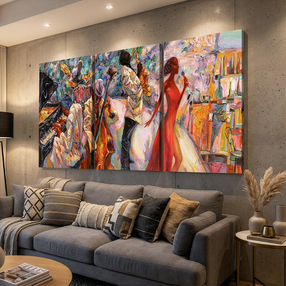 40574-_Poster-30x20 - Afro American Jazz Band Canvas Wall Art | 3 Panel Music Studio Decor