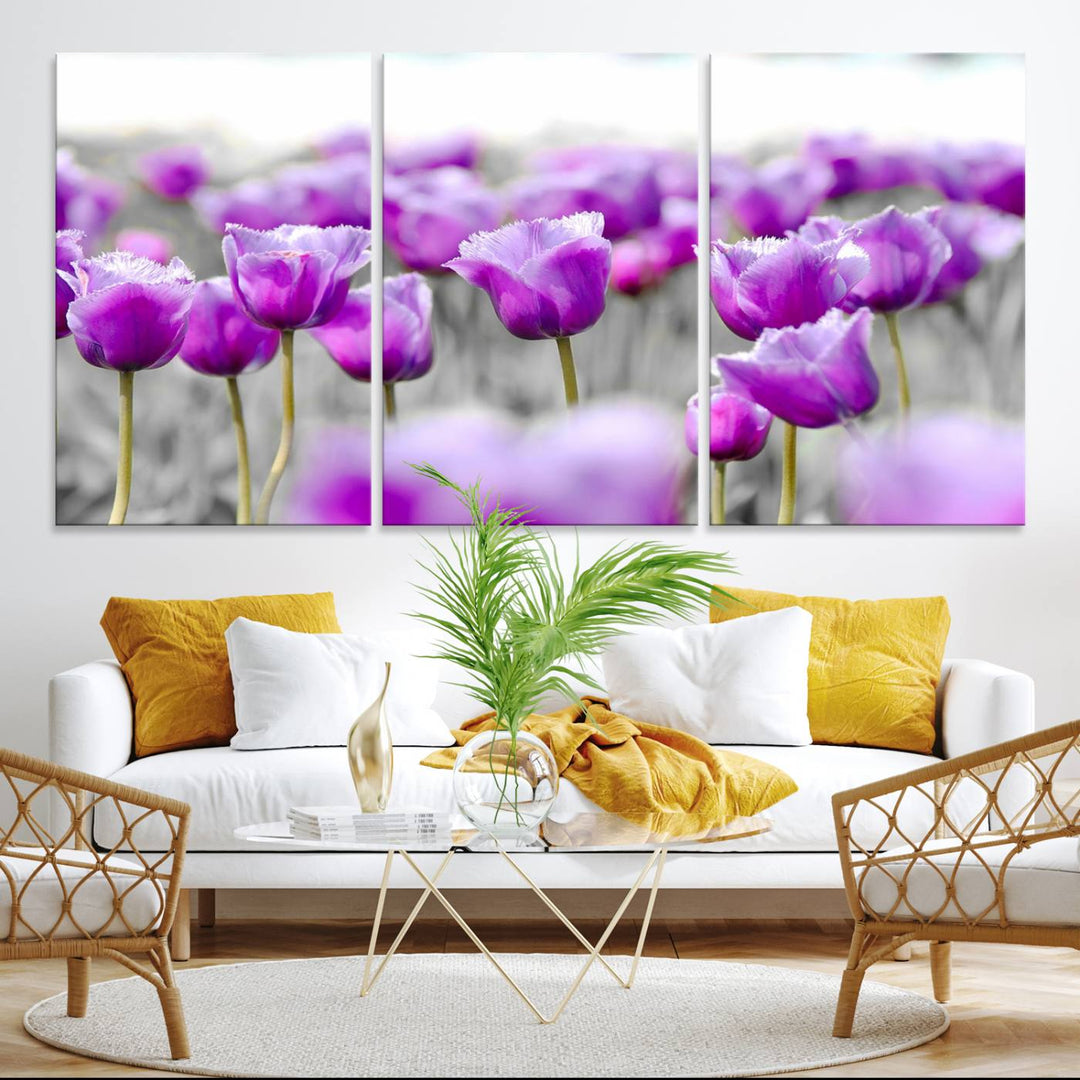 A gallery-wrapped Tulip Fields canvas wall art in a vivid purple hue.