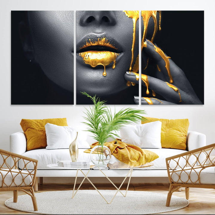 Above the dining area is the Gold Glitter Lips Fashion Makeup canvas wall art.