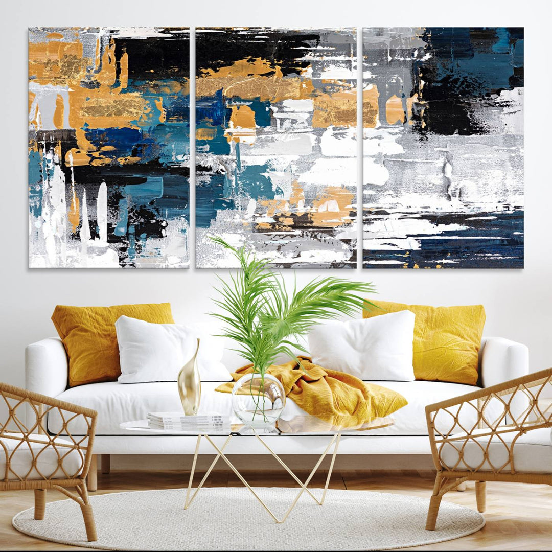 Blue and Gold Abstract Canvas Wall Art hangs prominently.