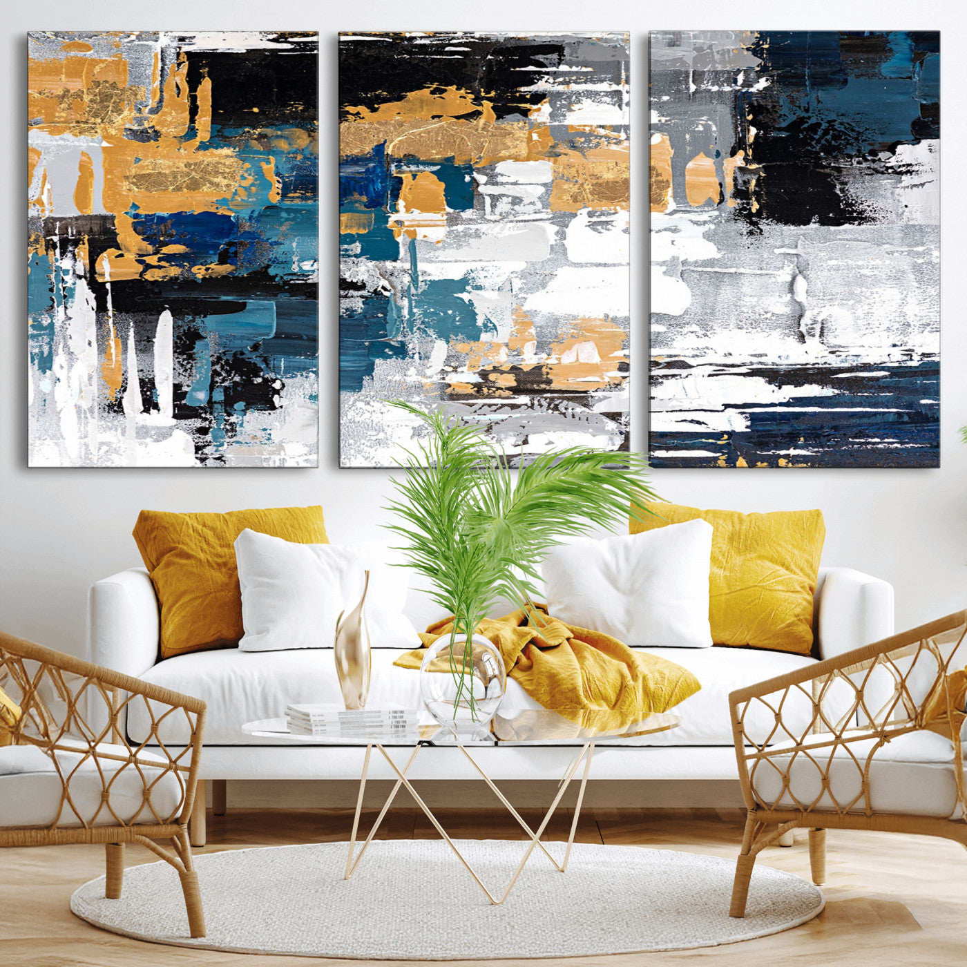 57708-MGV-CV-36X24-Blue and Gold Abstract Canvas Wall Art – Triptych Modern Painting for Living Room – Framed and Ready to Hang