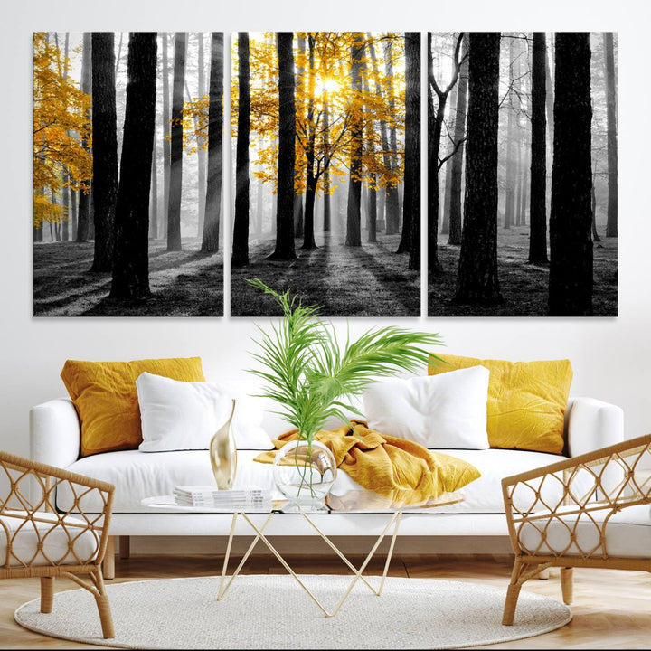 Nature Misty Foggy Autumn Forest Wall Art Print displayed above a modern dining room.