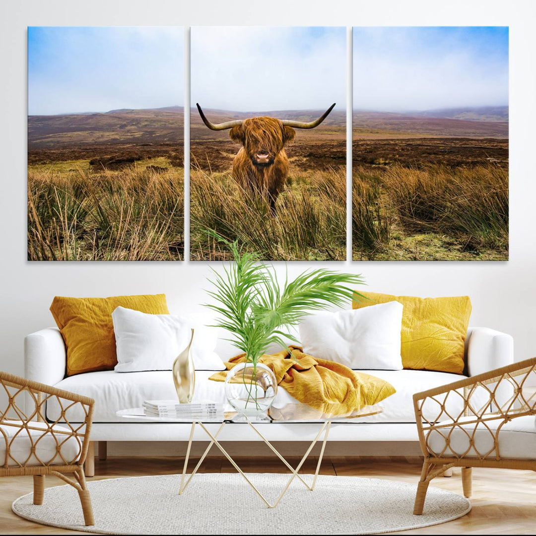 A Scottish Highland Cow art print canvas with UV-protection adorns the wall, preserving vivid details.