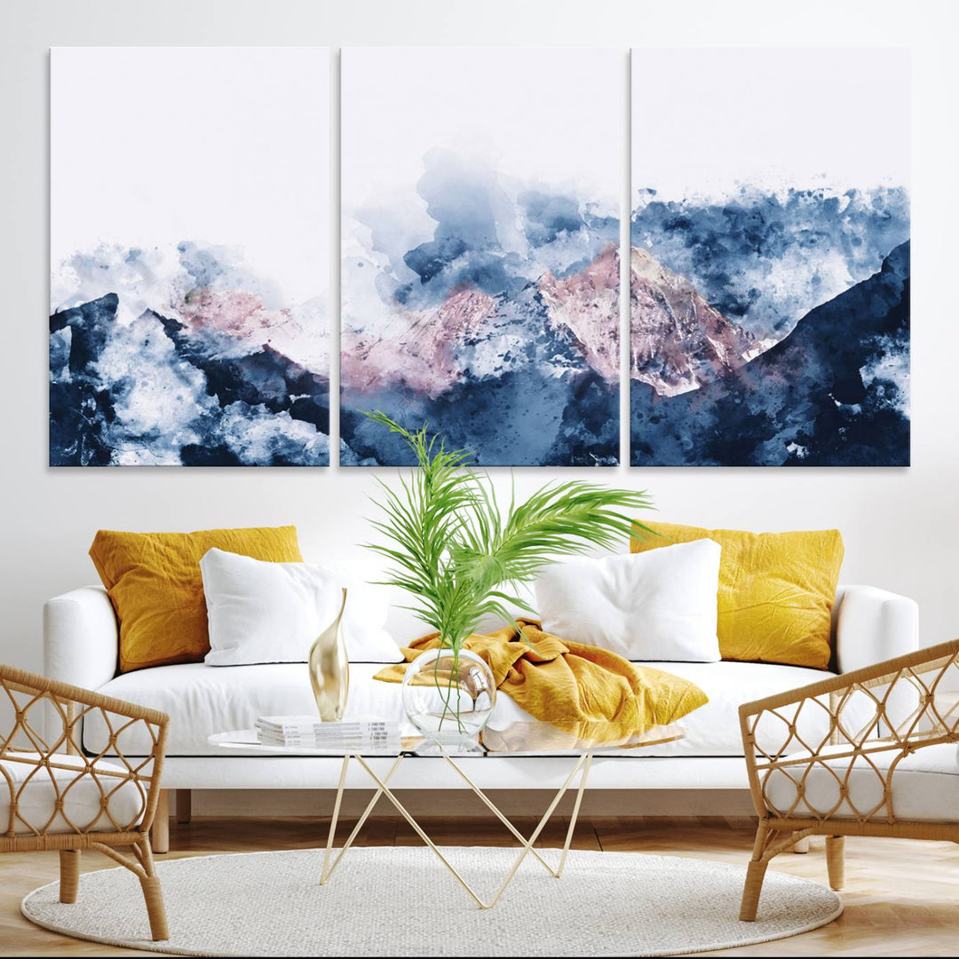 A modern kitchen showcases an Abstract Watercolor Mountain Landscape Art Canvas Print.