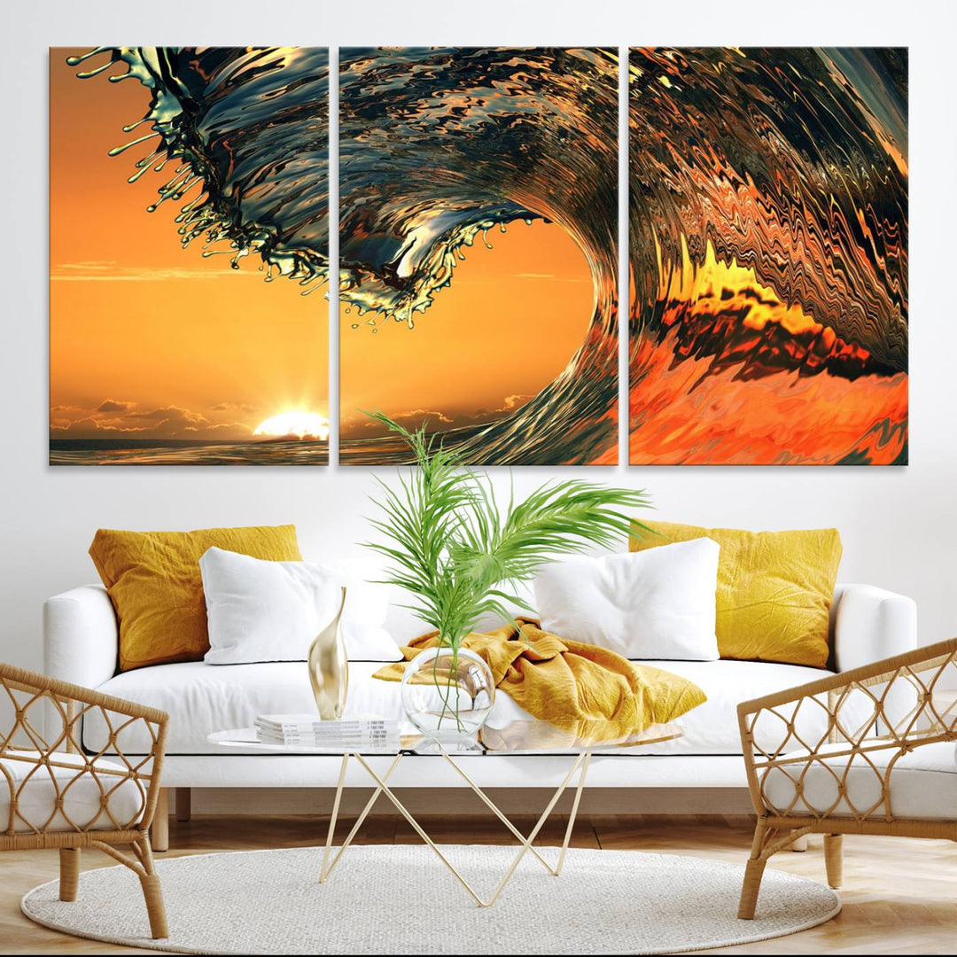 The Ocean Wave With Perfect Sunset canvas wall art adds a striking focal point to the room.