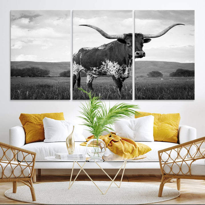 A Black and White Longhorn Texas Cow Canvas Wall Art.