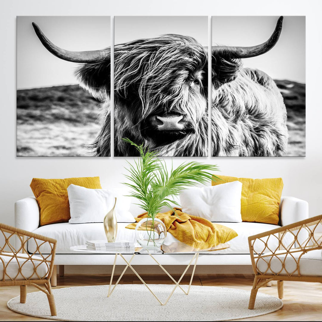 A Black and White Scottish Cow Canvas Print adorns the kitchen wall, perfect for farmhouse decor.