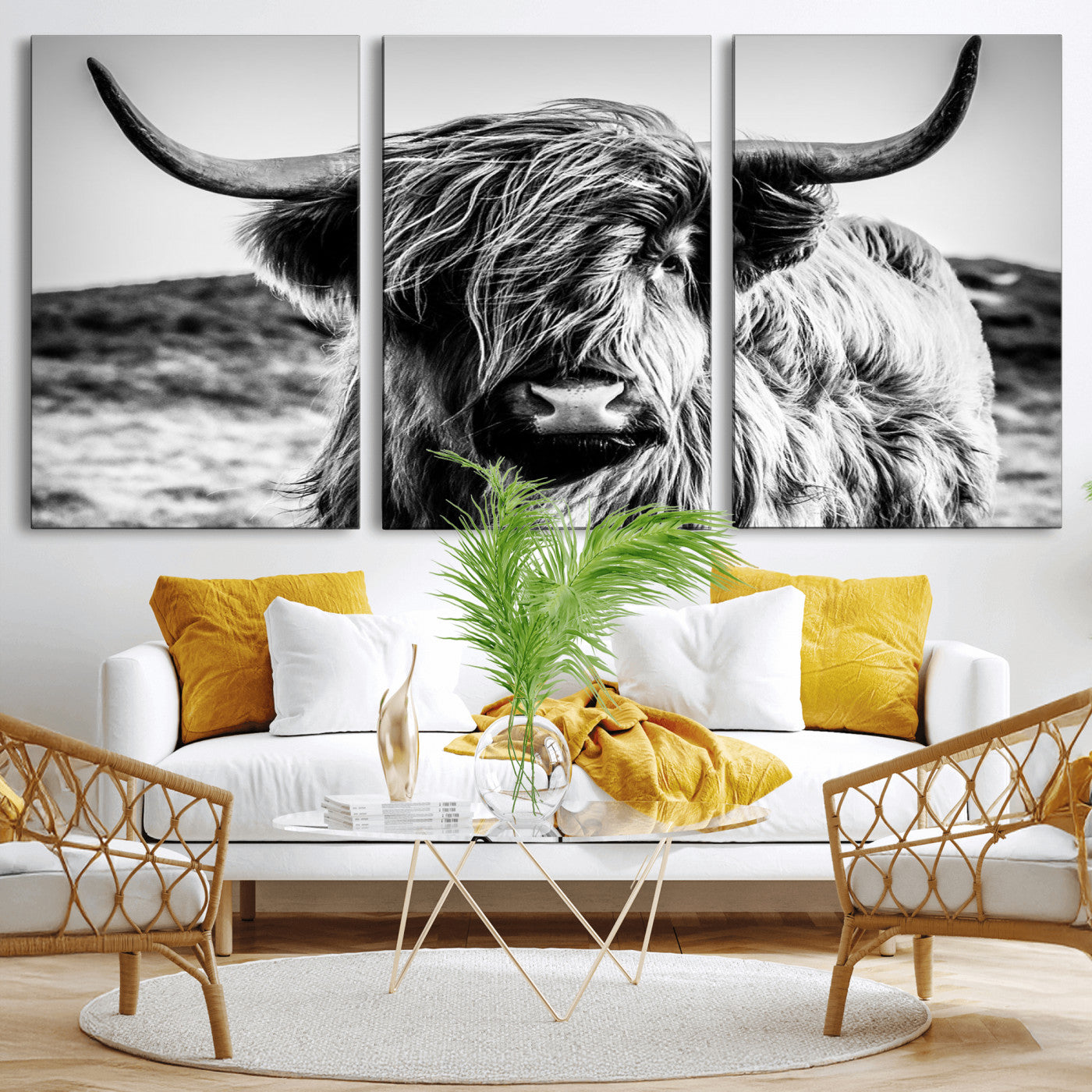 54309-MGV-CV-36X24 - Black and White Scottish Cow Canvas Wall Art Highland Cattle Canvas Print Framed Ready to Hang Original Cotton Canvas High Quality Image Multi Panel Wall Art Printable Artwork for Walls