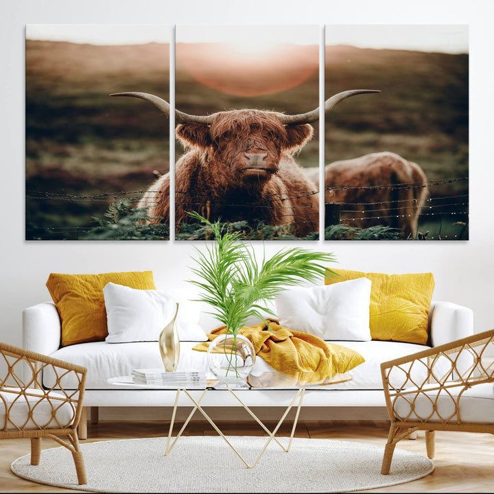 A Highland Cow Animal Canvas Wall Art, featuring a grassy field, is displayed on the wall.