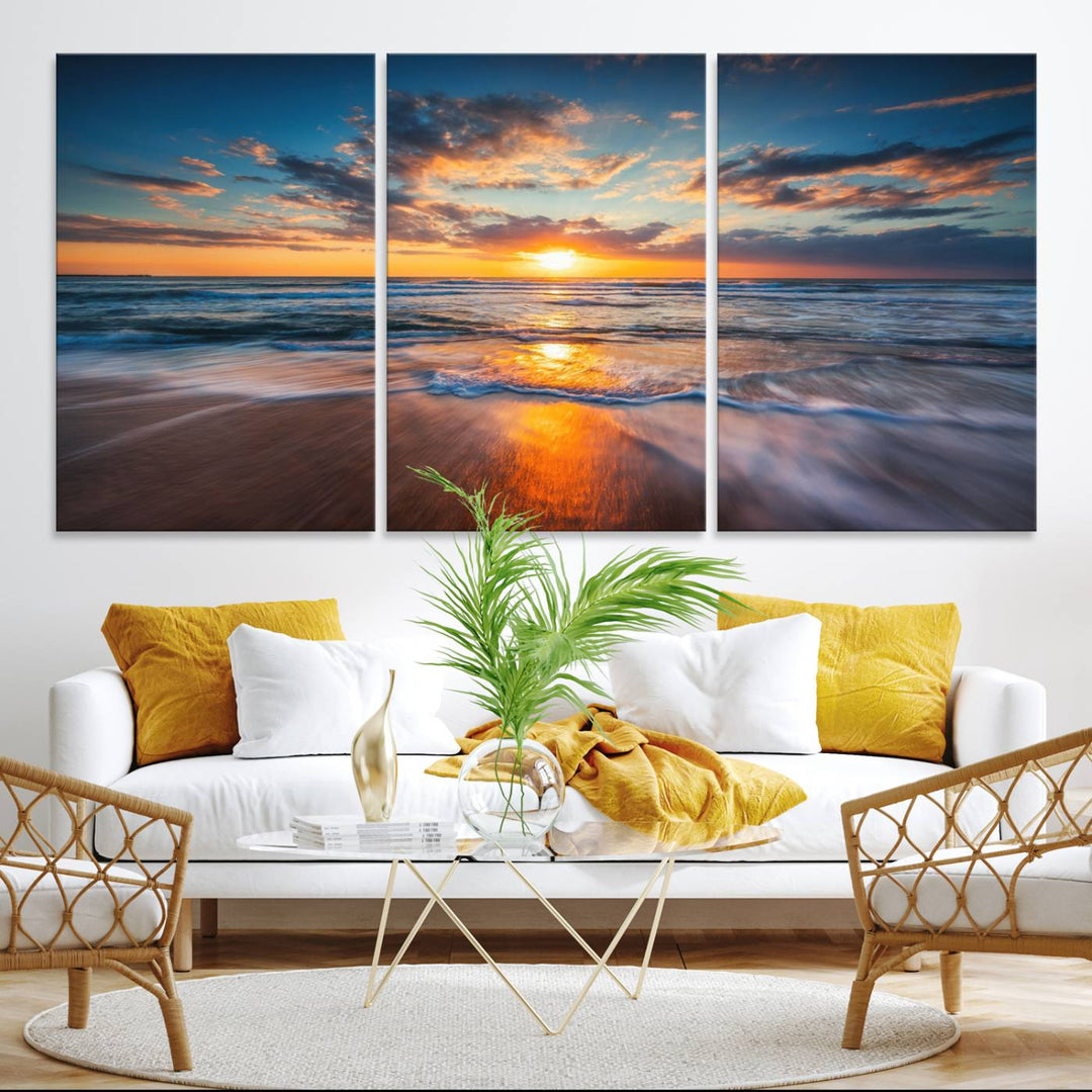 A museum-quality Beautiful Sunset over the Horizon canvas adorns the living room wall.