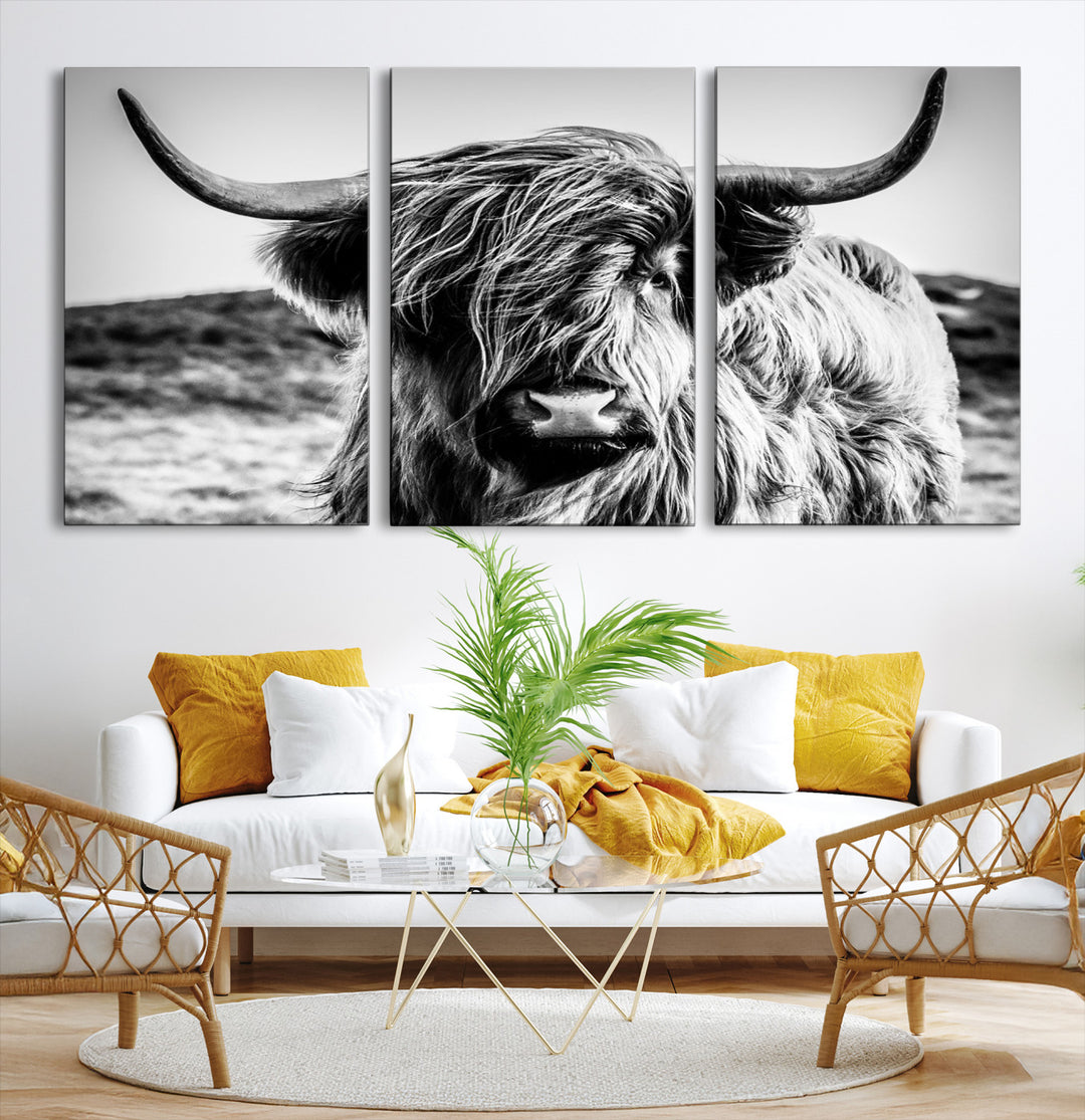 Highland Cow Wall Art | 3-Panel Black and White Highland Cow Canvas Print for Western Farmhouse Decor