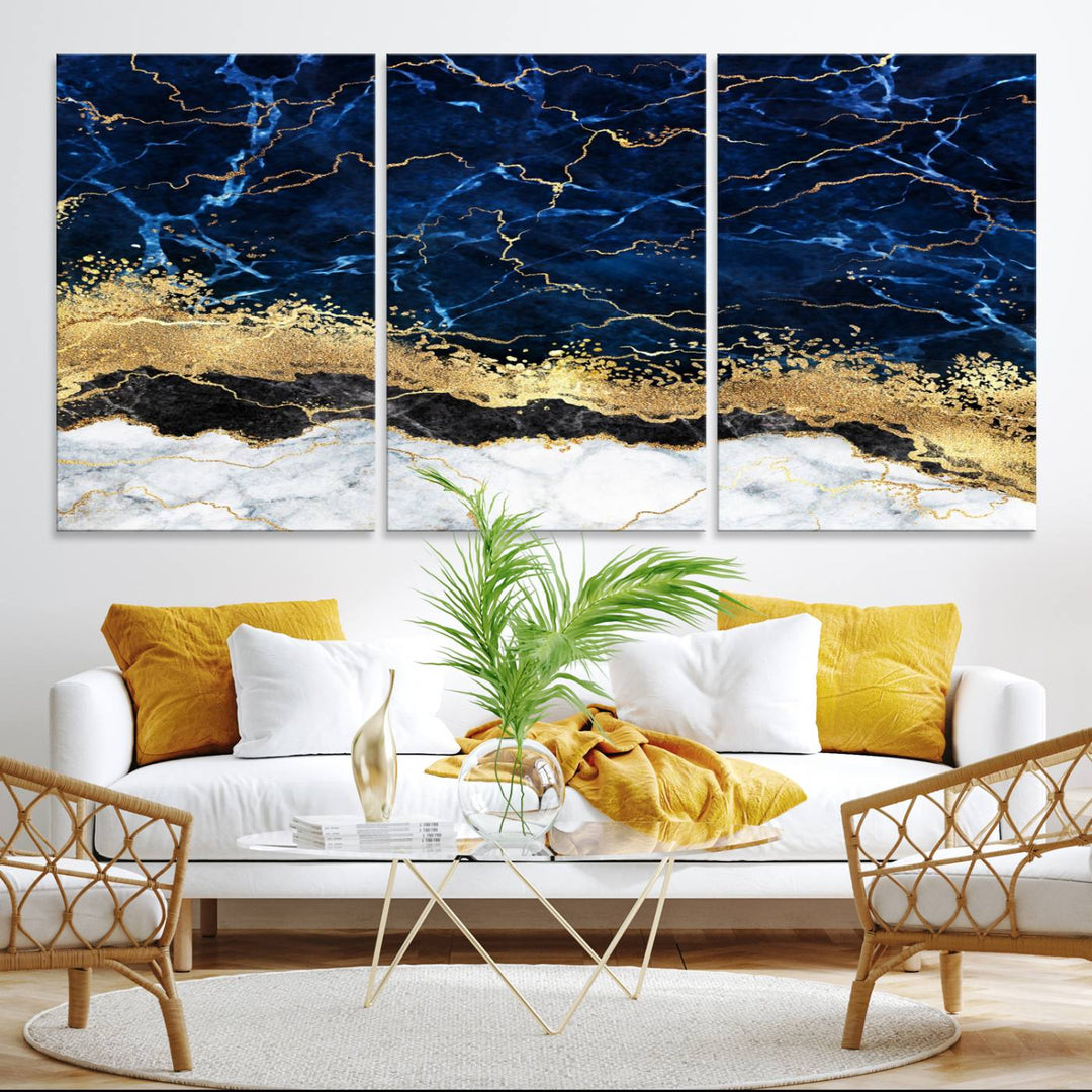 Navy Blue Marble Fluid Effect Canvas Wall Art, featuring a gold and white abstract design, adds a finishing touch to your modern kitchen decor.