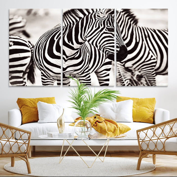 The Brilliant Zebra Photography Art Canvas Print hangs prominently on the wall.