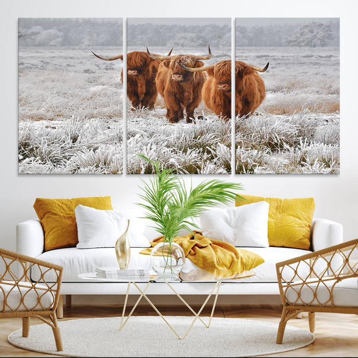 The Highland Cows in Snow canvas showcases three cattle in a frosty field.