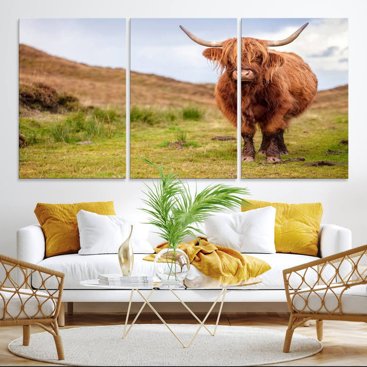 A Highland Cow Animal Canvas Wall Art hangs on the wall, adding warmth to the room.