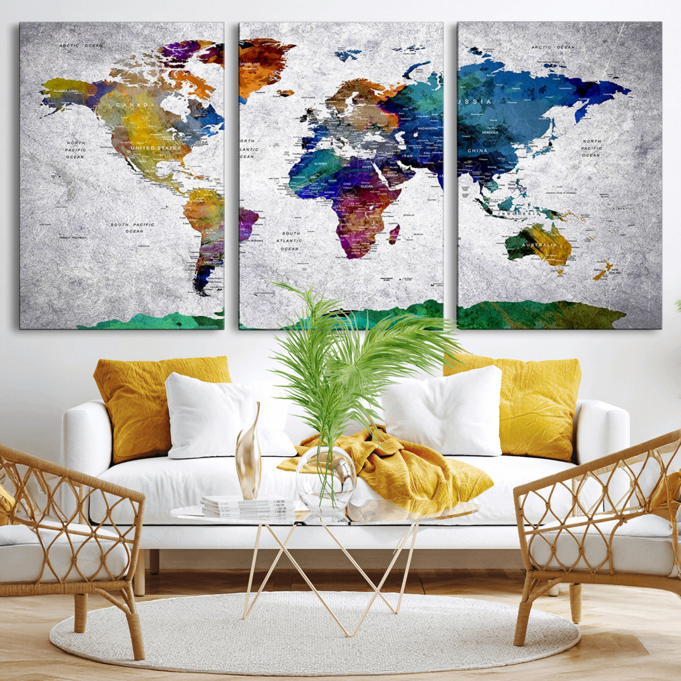 MGV-CV-60X30-3P - Push Pin World Map Canvas Print – Framed Wall Art for Couples to Track Their Travels – Anniversary