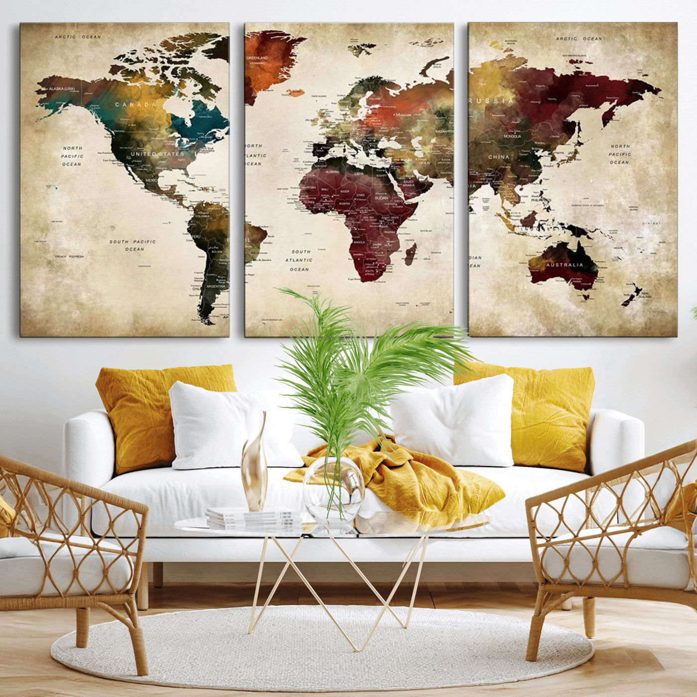 MGV-CV-60X30-3P - Large World Map Wall Art Canvas Print, Framed Push Pin Map Art Picture Print, Abstract Traveller Map Perfect Modern Decor Artwork