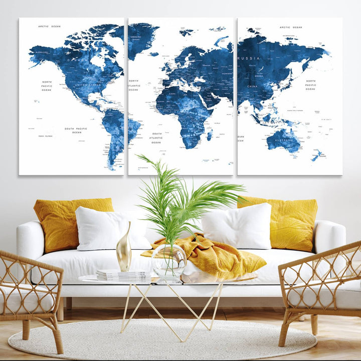 Navy Blue Wall Art World Map Canvas Print, an ideal piece for anyone seeking unique home or office decor.