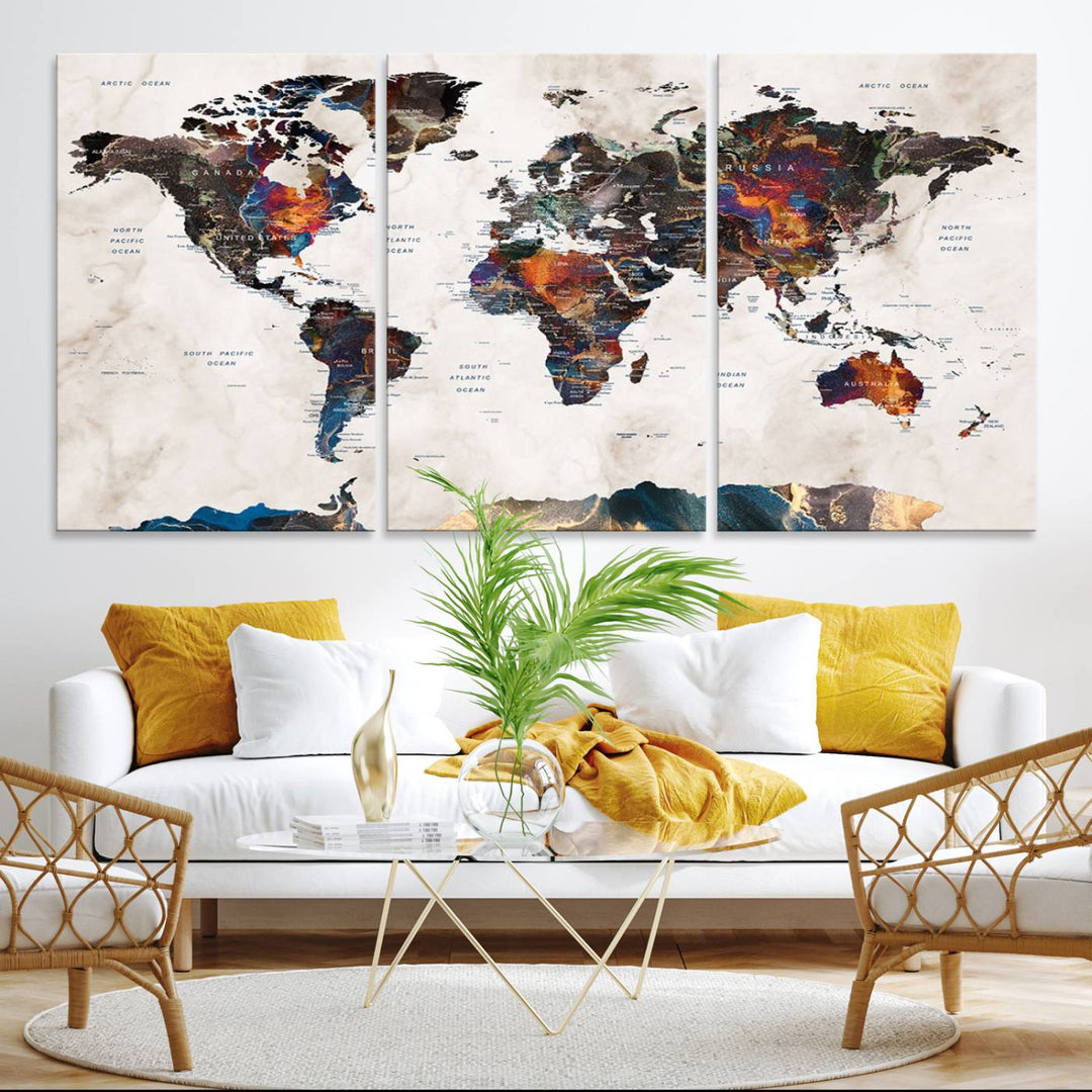 Watercolor World Map Canvas Print in earthy hues with a grunge background, ideal for wall decor.