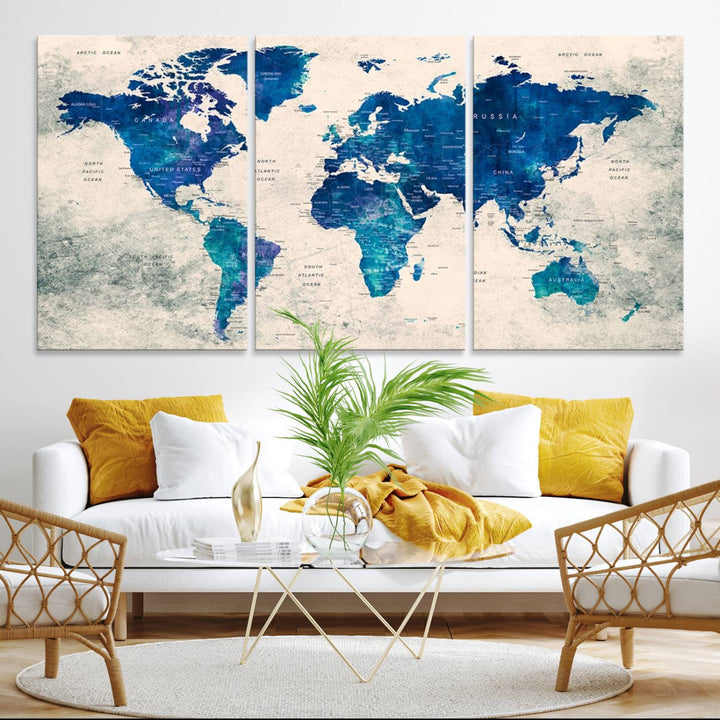 Navy Blue Push Pin World Map Canvas Print featuring a grunge-stained background, with labeled countries and oceans.