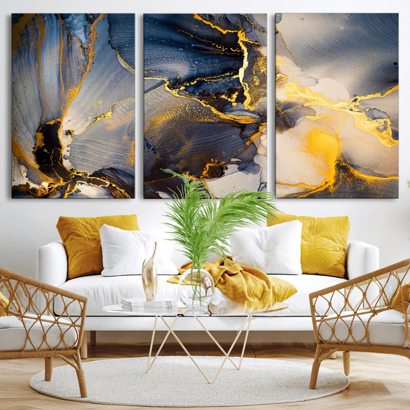 42100-MGV-CV-36X24-Large Abstract Wall Art Print - Gold and Blue Abstract Canvas Wall Art | Fluid Ink Modern Luxury Wall Decor for Living Room Decor