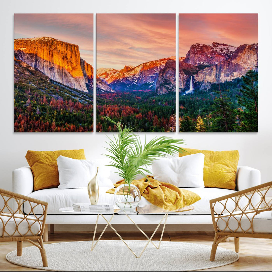 An El Capitan Yosemite Canvas showcasing a sunset over a mountain valley.