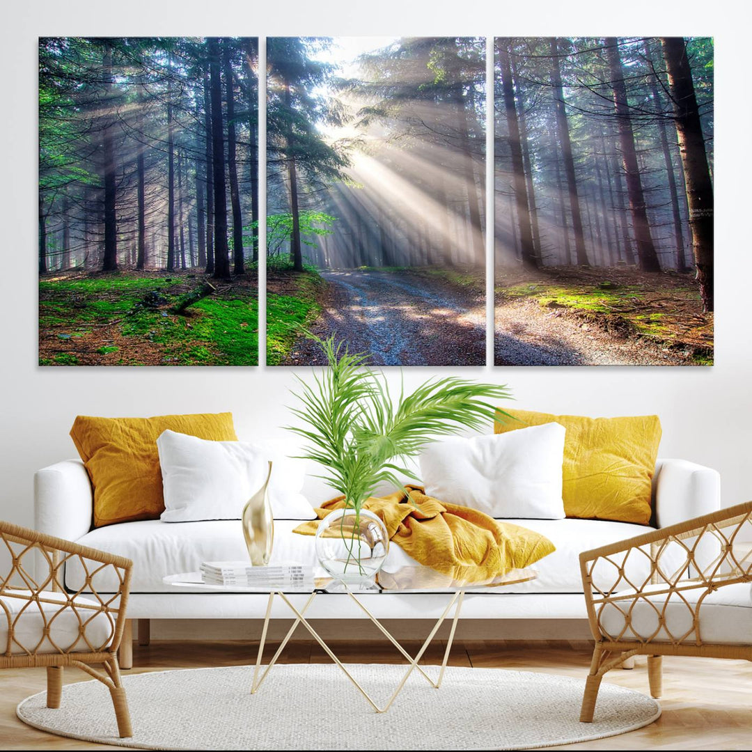 The dining area features a 3-panel Forest Path Canvas showcasing sun rays filtering through a misty forest.