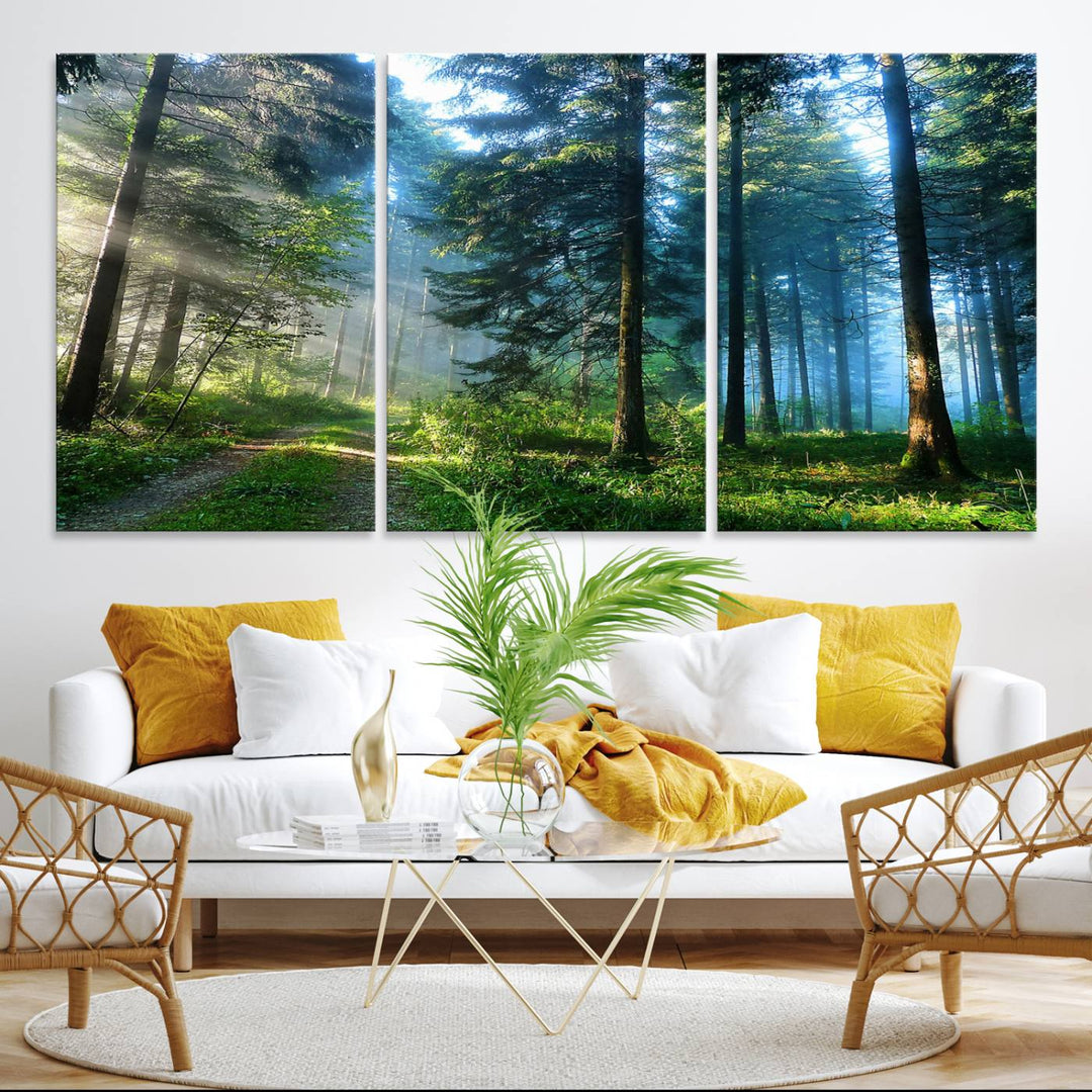 Enhancing the space is the Forest Sun Shine wall art canvas print, showcasing a serene forest scene.