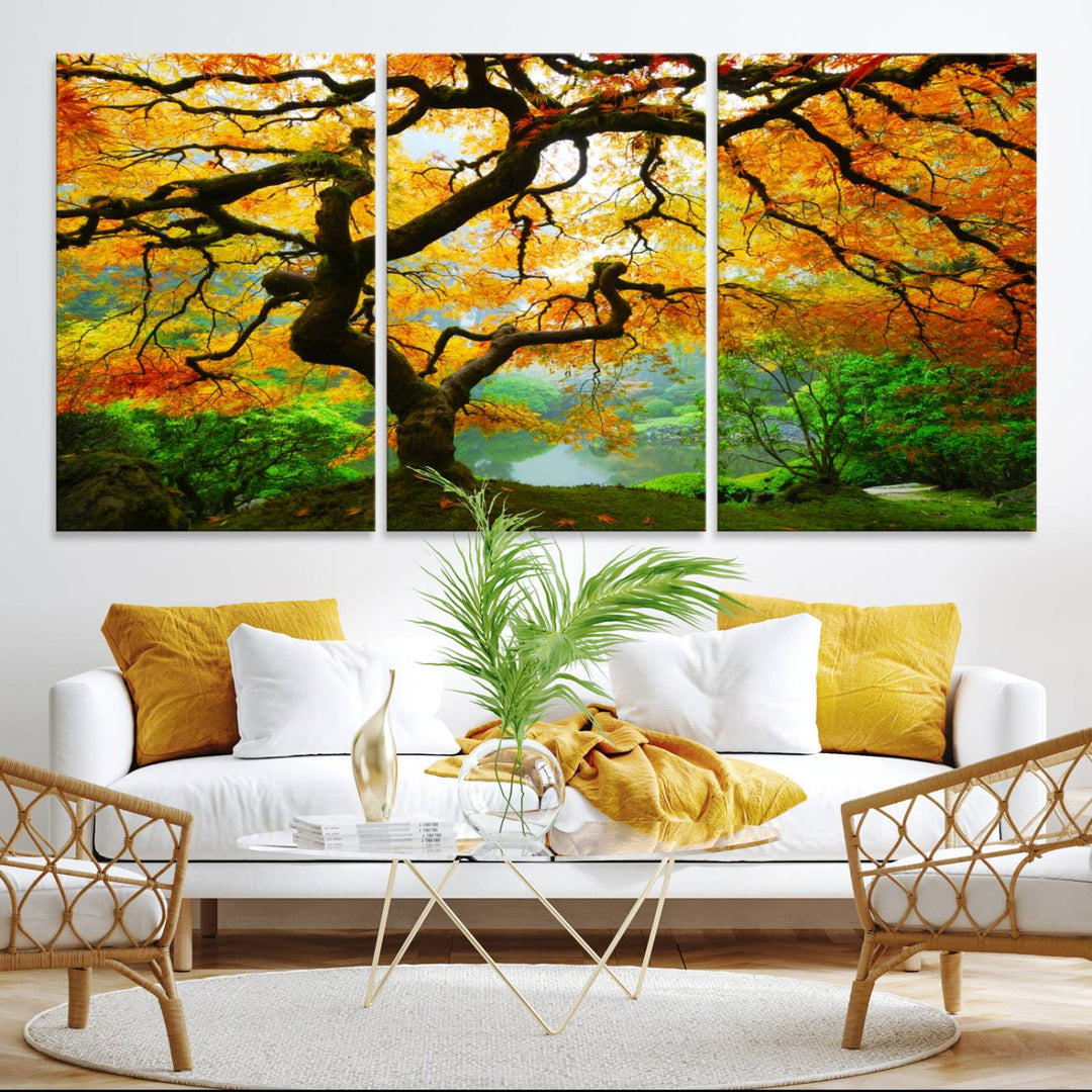 The Portland Japanese Maple Tree Canvas adds elegance to a modern living room.