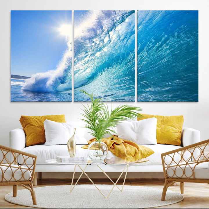 The Blue Big Wave Surfing Ocean Canvas adds a coastal vibe to a wooden wall.