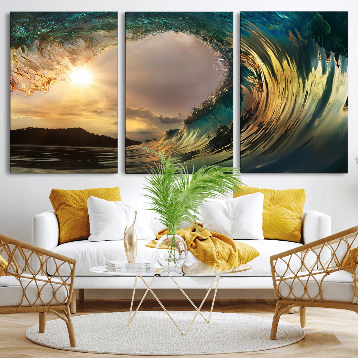 MGV-CV-60X30-3P - Golden Wave Sunset Giclee Canvas Print – Large Coastal Wall Art for Nature Lovers, Captivating Ocean Wave Decor