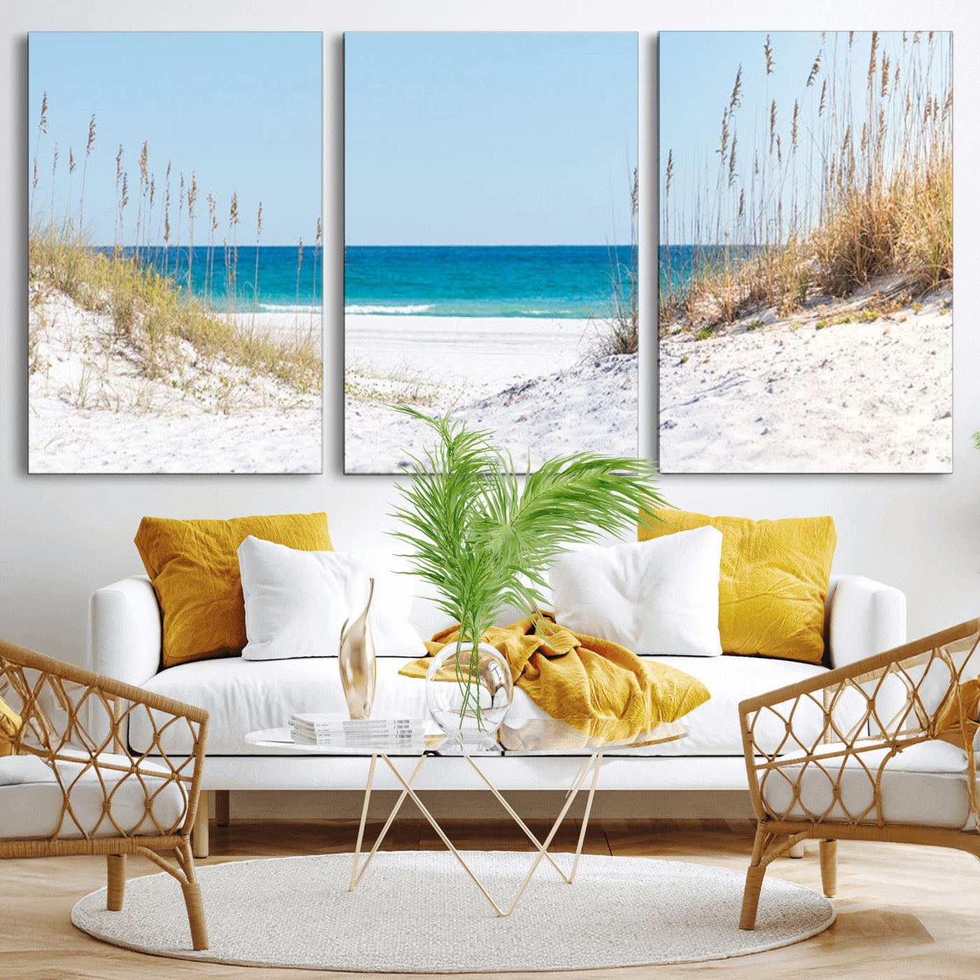 MGV-CV-60X30-3P - Serene Coastal Dune Path with Ocean View, 3-Panel Beach Canvas Wall Art, Tranquil Seascape Giclee Print, Gallery Wrap, Perfect for Coastal Home Decor
