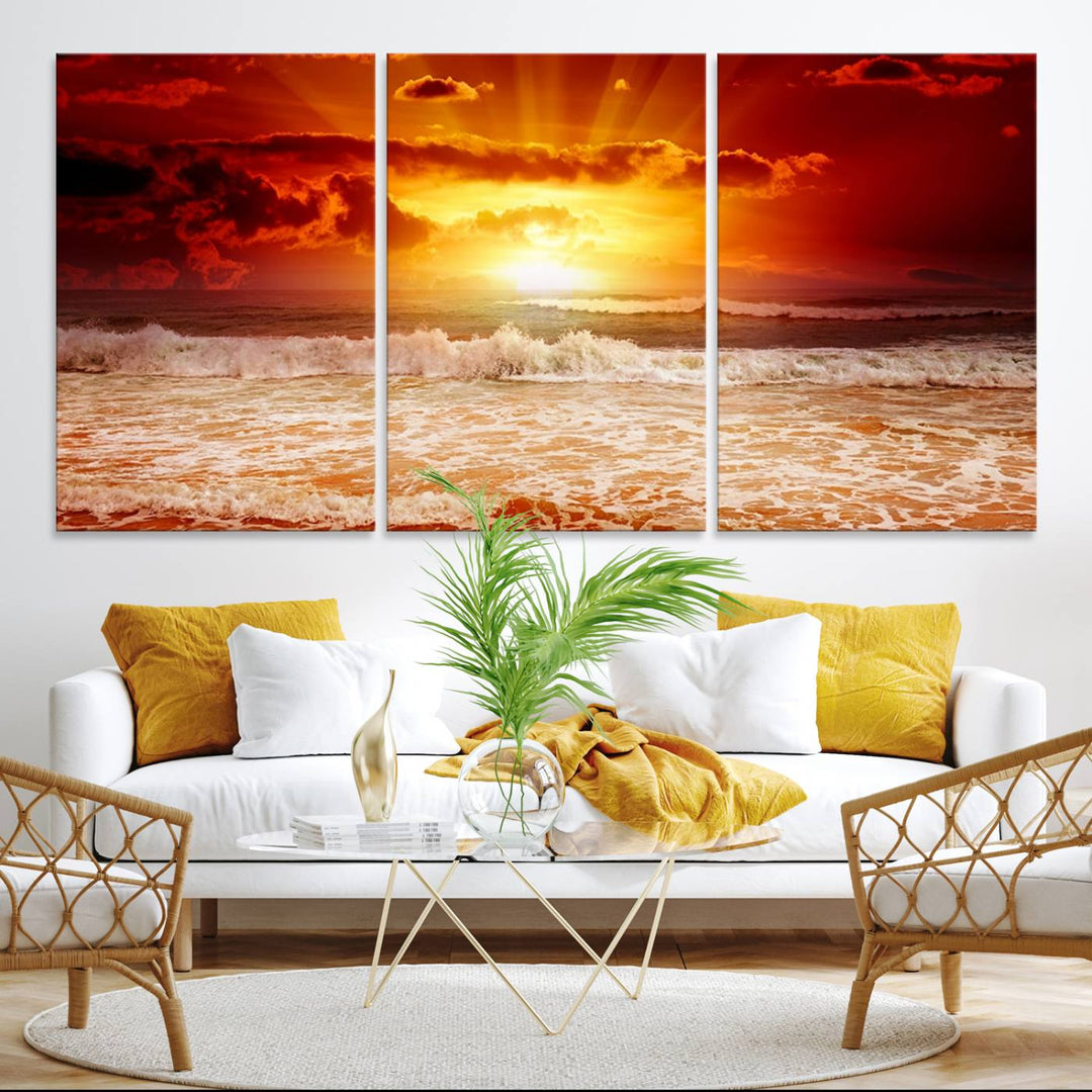 The Red Sunset Ocean Beach Canvas depicts ocean waves.