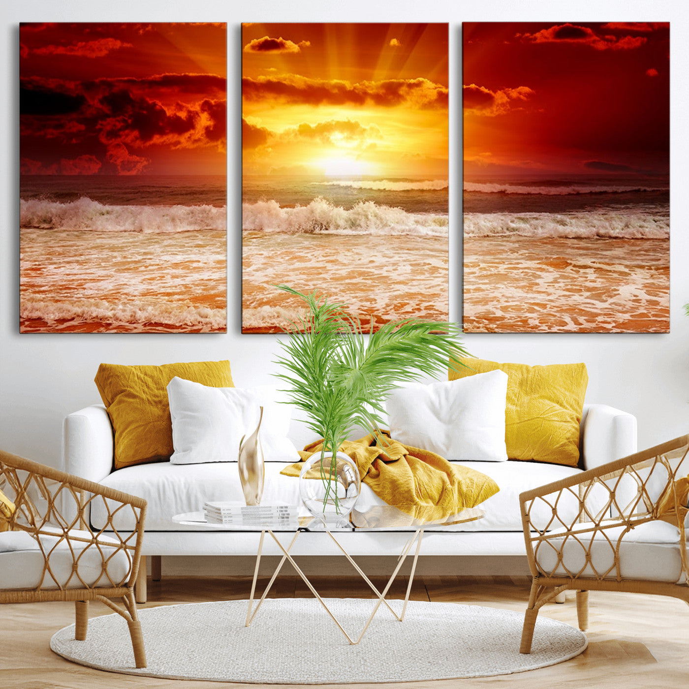 MGV-CV-60X30-3P - Red Sunset Ocean Beach Canvas Wall Art Beach Canvas, Coastal Sunset Print
