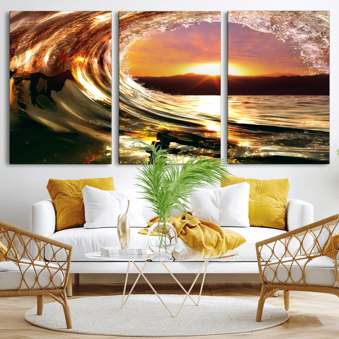 MGV-CV-60X30-3P - Golden Wave Sunset Triptych Canvas Art, Giclee Canvas Print of Ocean Wave and Sunset, Framed Ocean