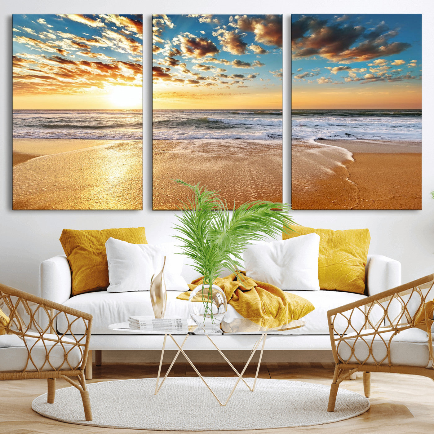 MGV-CV-60X30-3P - Golden Sunset Beach Print Canvas Wall Art, Giclee Canvas Print with Canon Print Quality, Triptych