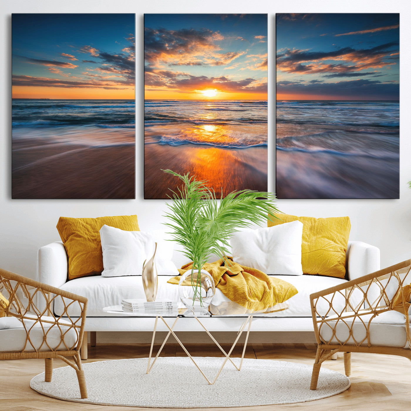 MGV-CV-60X30-3P - Sunset on the Ocean Beach with Waves, Reflections on Sand, Coastal Wall Art Print, Beach Wall Art,