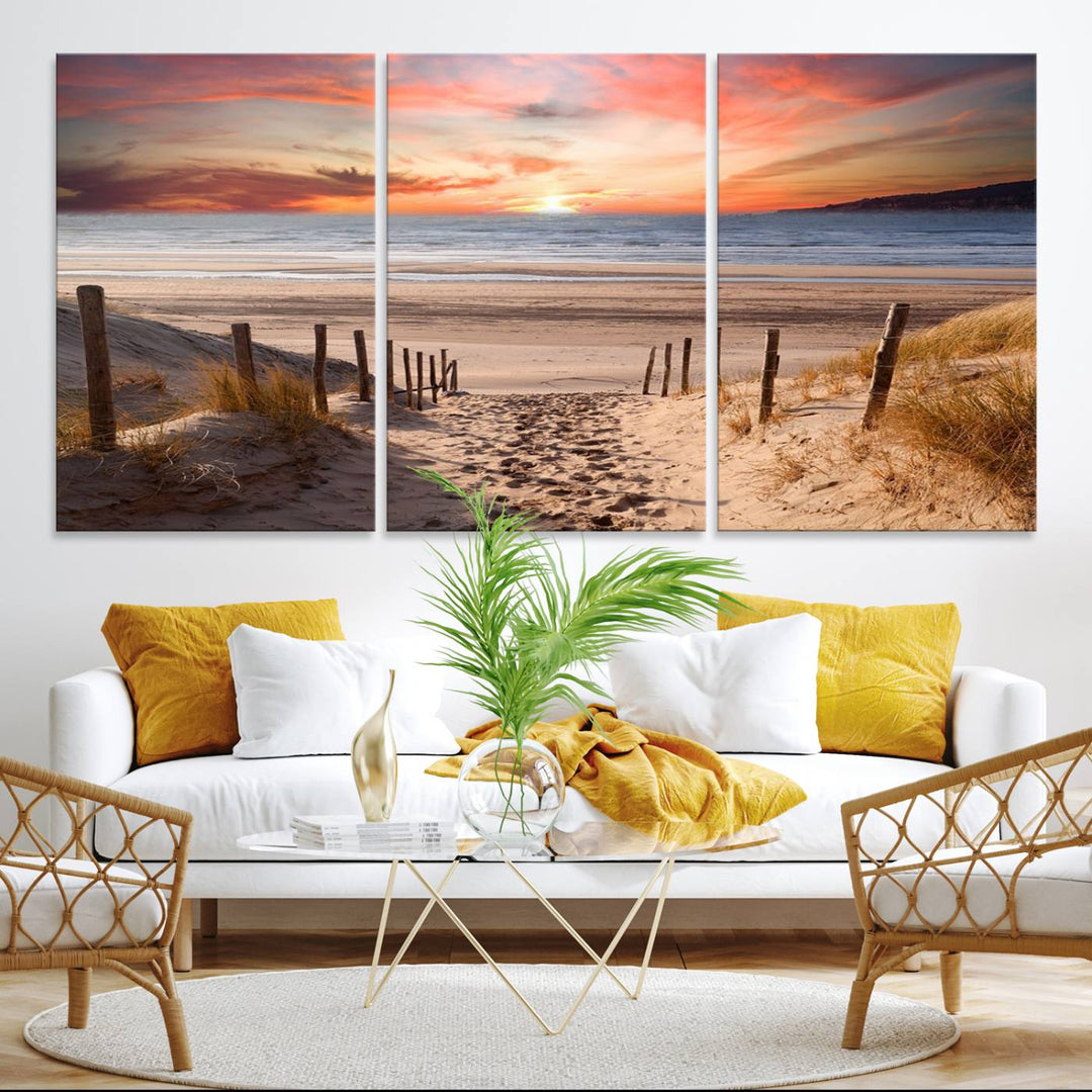 The Sunset on the Sea Wall Art Canvas Print beautifully captures a beach sunset and waves, enhanced with a UV-protective coating.