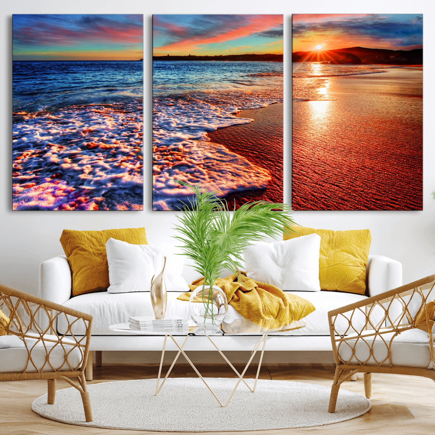MGV-CV-60X30-3P - Colorful Coastal Sunset on the Beach Canvas Print, Ocean Waves Crashing at Dusk, Multi-Panel Seascape Vibrant Coastal Wall Art Canvas Print