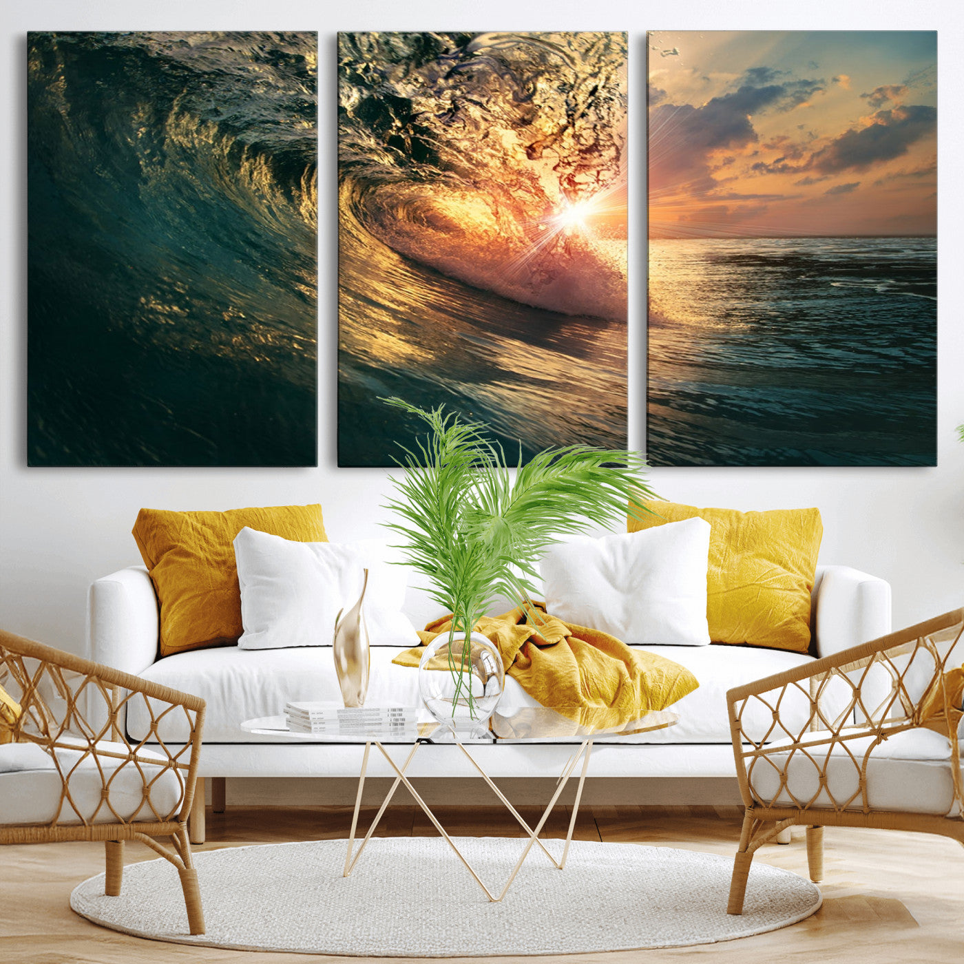 MGV-CV-60X30-3P - Ocean Wave Sunset Canvas Wall Art – Triptych Seascape Print – Framed and Ready to Hang for Living Room or Office