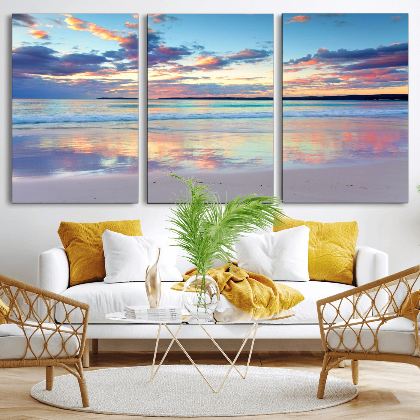 MGV-CV-60X30-3P - Tranquil Pastel Sunset Beach Triptych Canvas Art, Soothing Coastal Ocean Shoreline Giclee Print, Beach Reflections Wall Decor for Serene Spaces