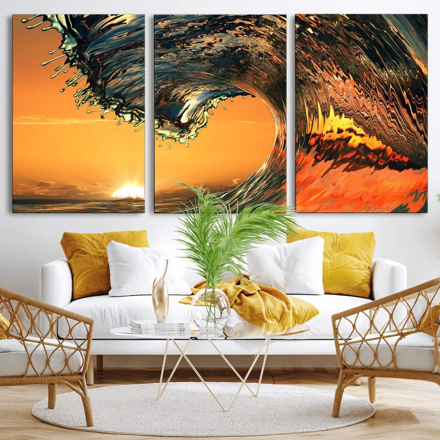 -Surf Wave Sunset Canvas Wall Art Print, 3-Panel Ocean Coastal Wall Art Print, Ocean Decor for