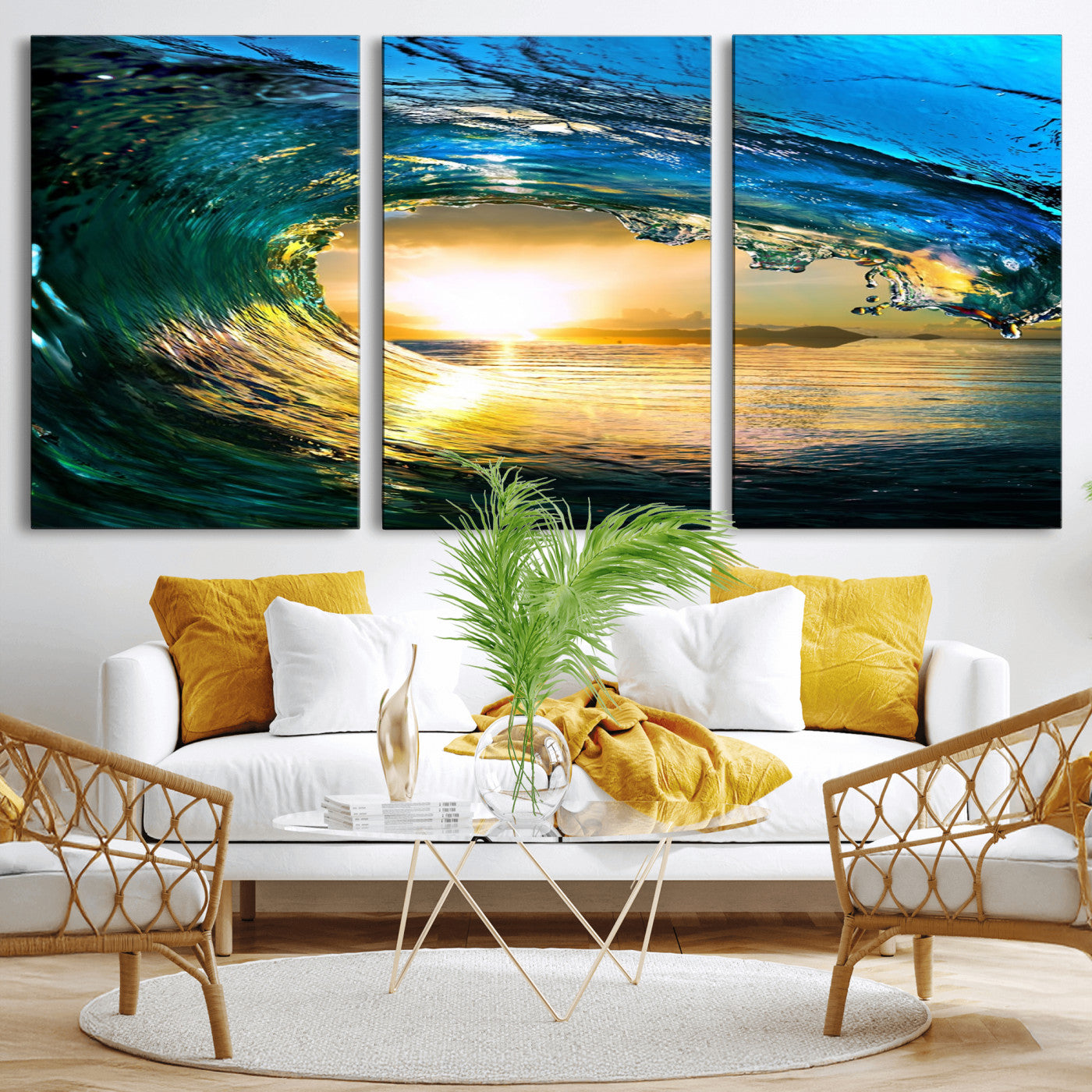 MGV-CV-60X30-3P - Ocean Wave at Sunset Canvas Art, Large Wall Print of Vibrant Water Waves, Coastal Art for Living Room and Dining Room