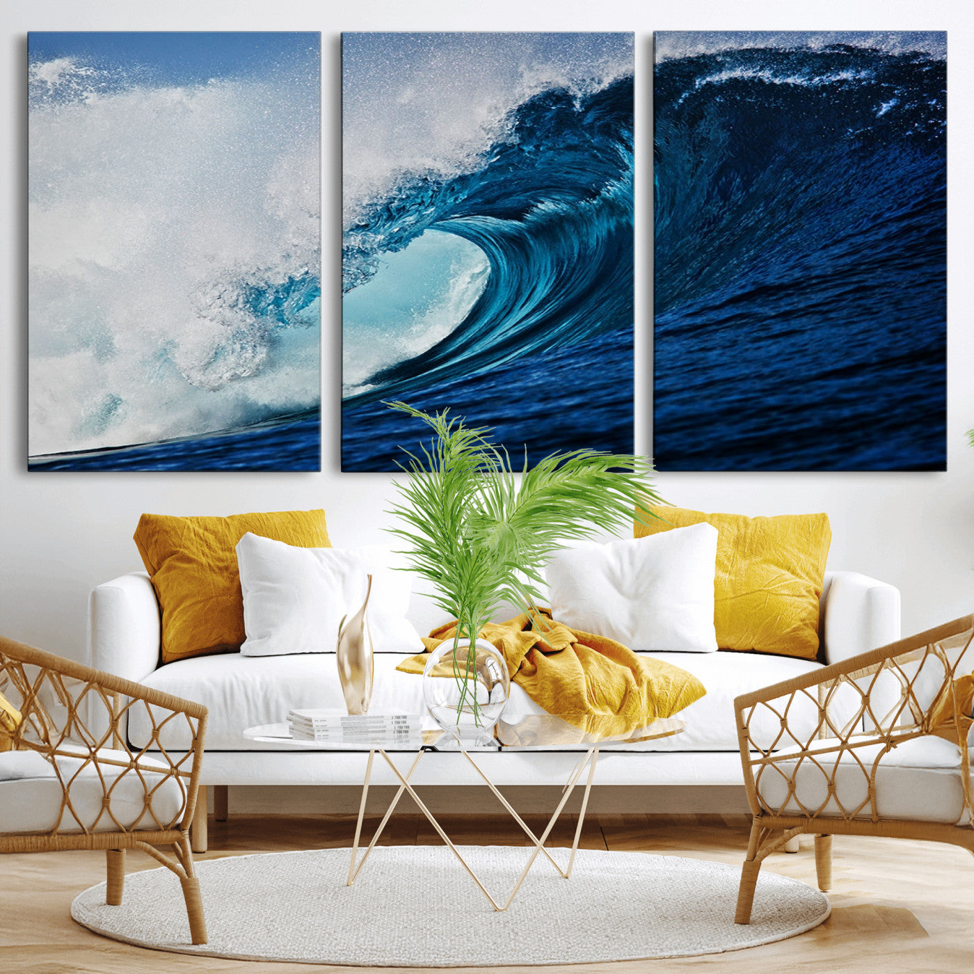 MGV-CV-60X30-3P - Ocean Wave at Sunset Canvas Art, Large Wall Print of Vibrant Water Waves, Coastal Art for Living Room and Dining Room Decor