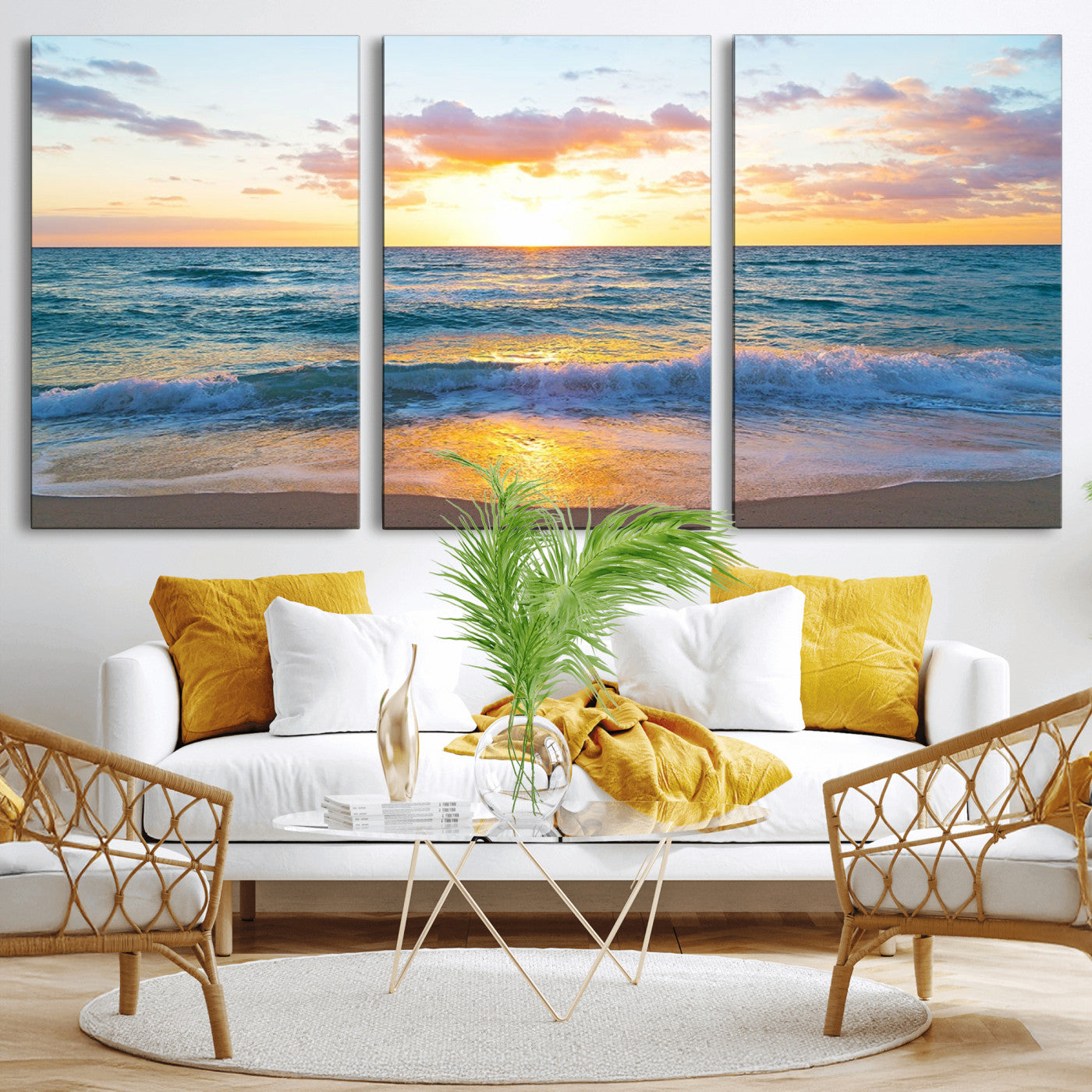 MGV-CV-60X30-3P - Ocean Sunset Triptych Canvas Wall Art, Giclee Beach Sunset Print with Gentle Waves, Coastal Art for Relaxation Spaces