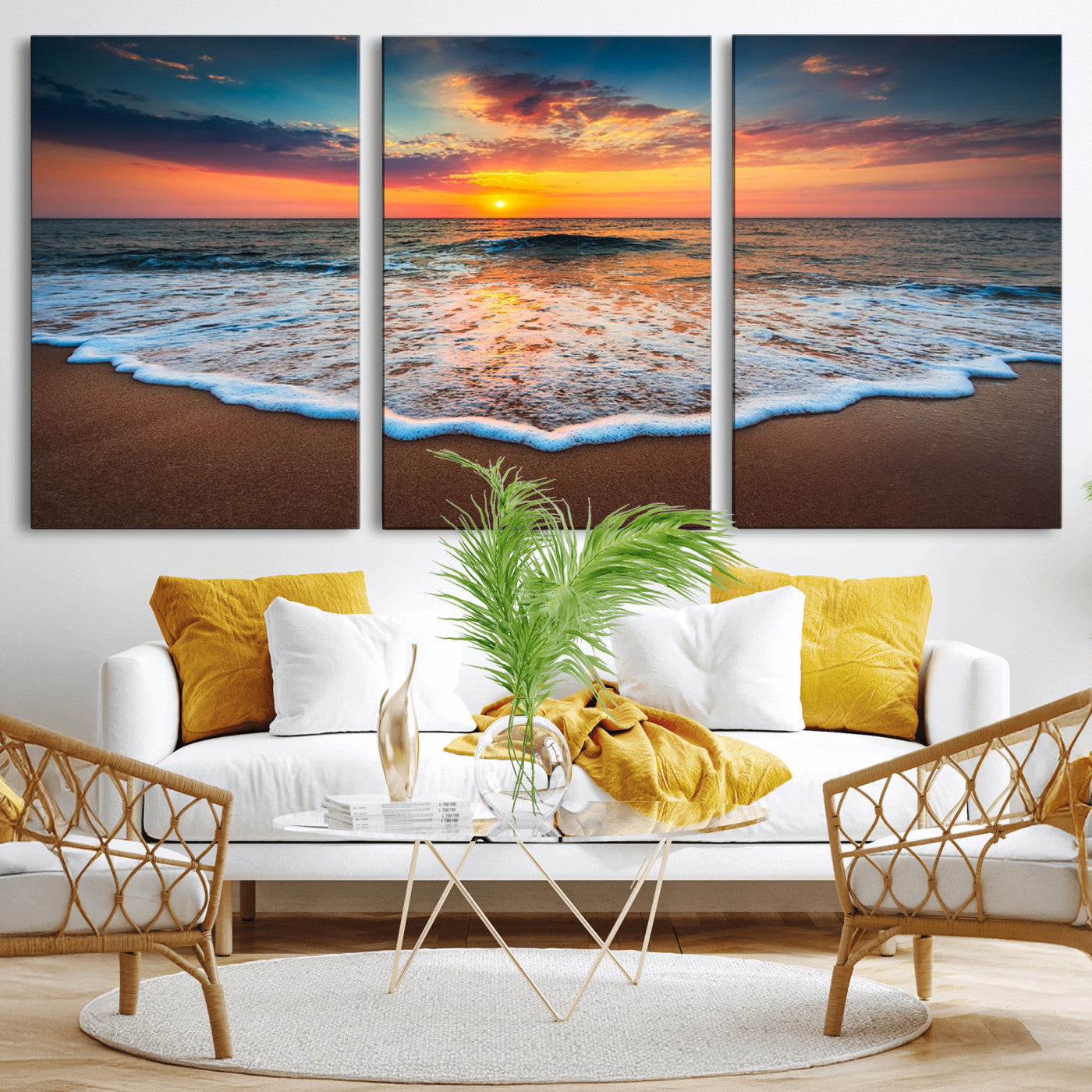 MGV-CV-60X30-3P - Sunset Beach Canvas Wall Art – Colorful Ocean Waves Triptych – Coastal Decor for Living Room or Bedroom – Framed and Ready to Hang