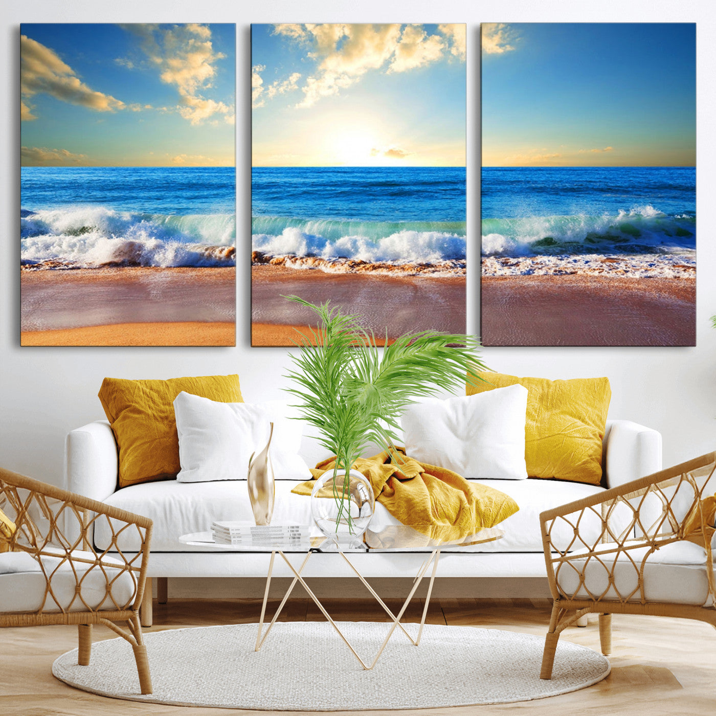 MGV-CV-60X30-3P - Tropical Beach Sunset Canvas Art, Ocean Waves and Sandy Shoreline Wall Art, Large Beach Decor for Coastal Homes