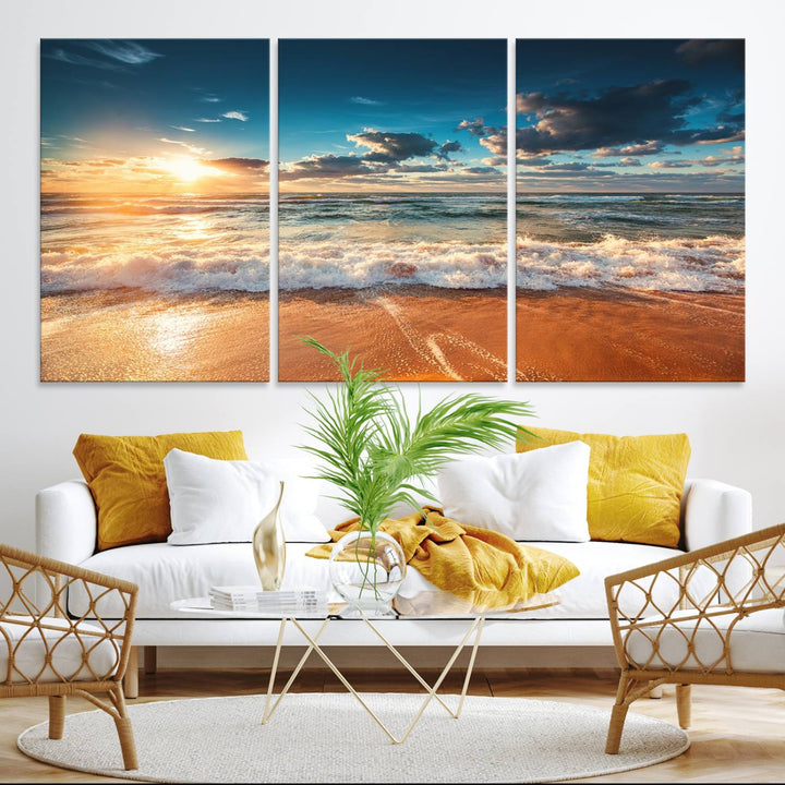 A Golden Sunset Beach Triptych Canvas Art hangs on a white wall.