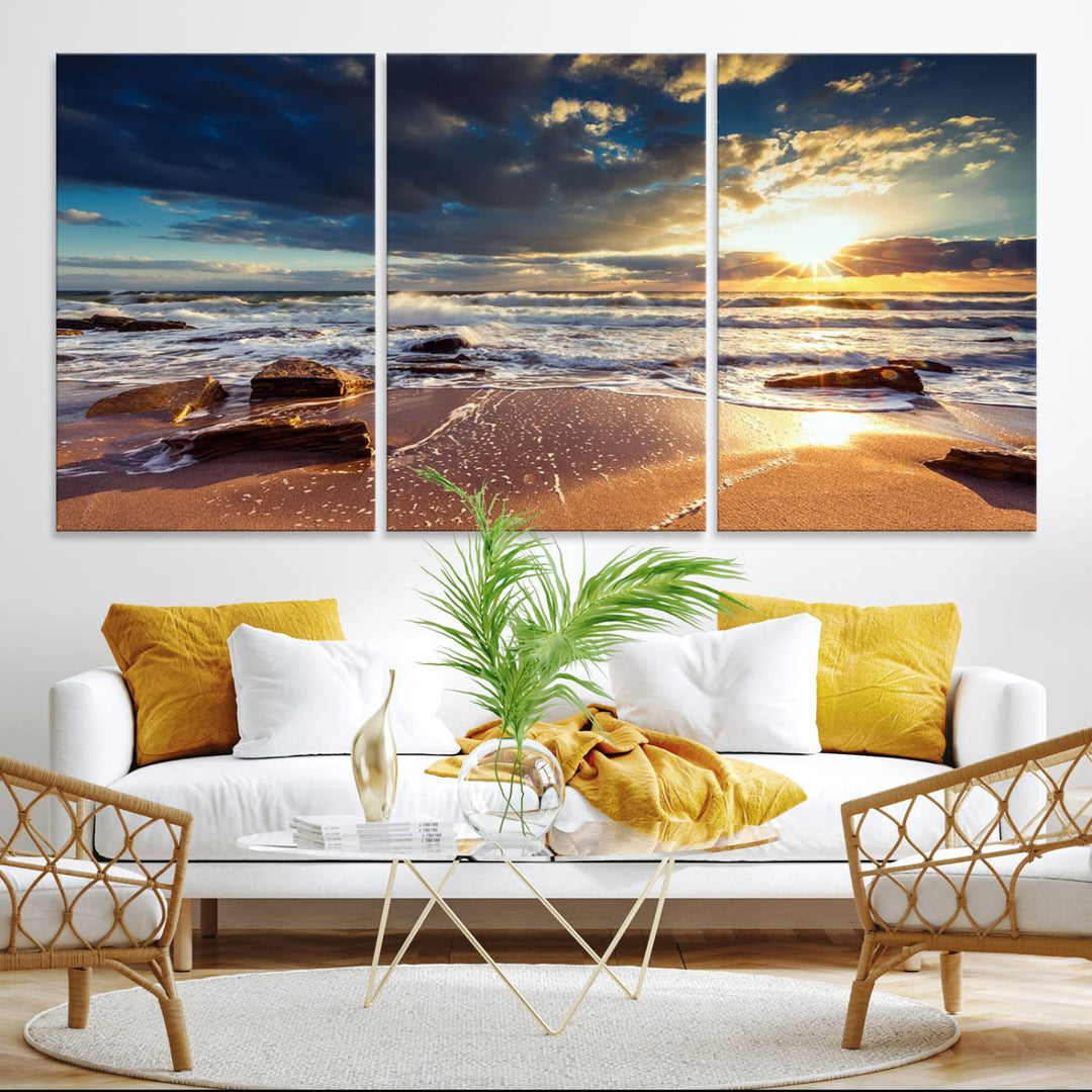 The Golden Hour Beach Sunset triptych adorns the wall with its captivating imagery.